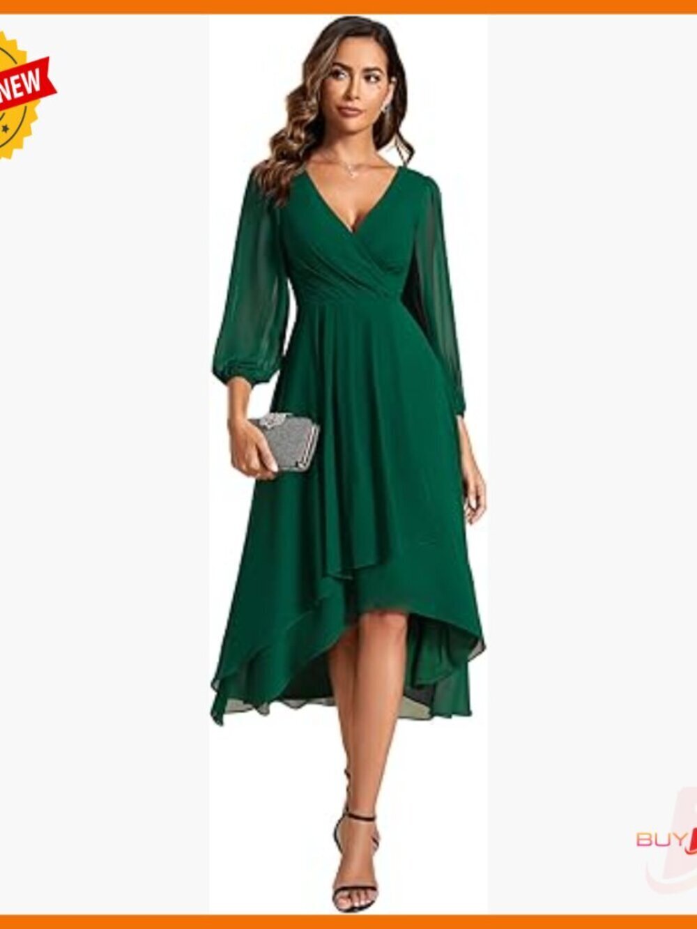 Chiffon V-Neck Long Sleeve A-Line Midi Formal Wedding Guest Dress